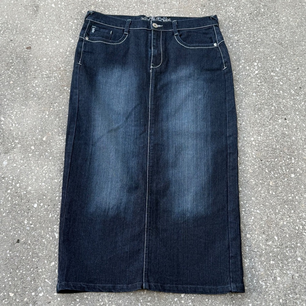 Vintage Y2k Contrast Stitch Grunge Denim Maxi Skirt Women 14 Dark Blue
